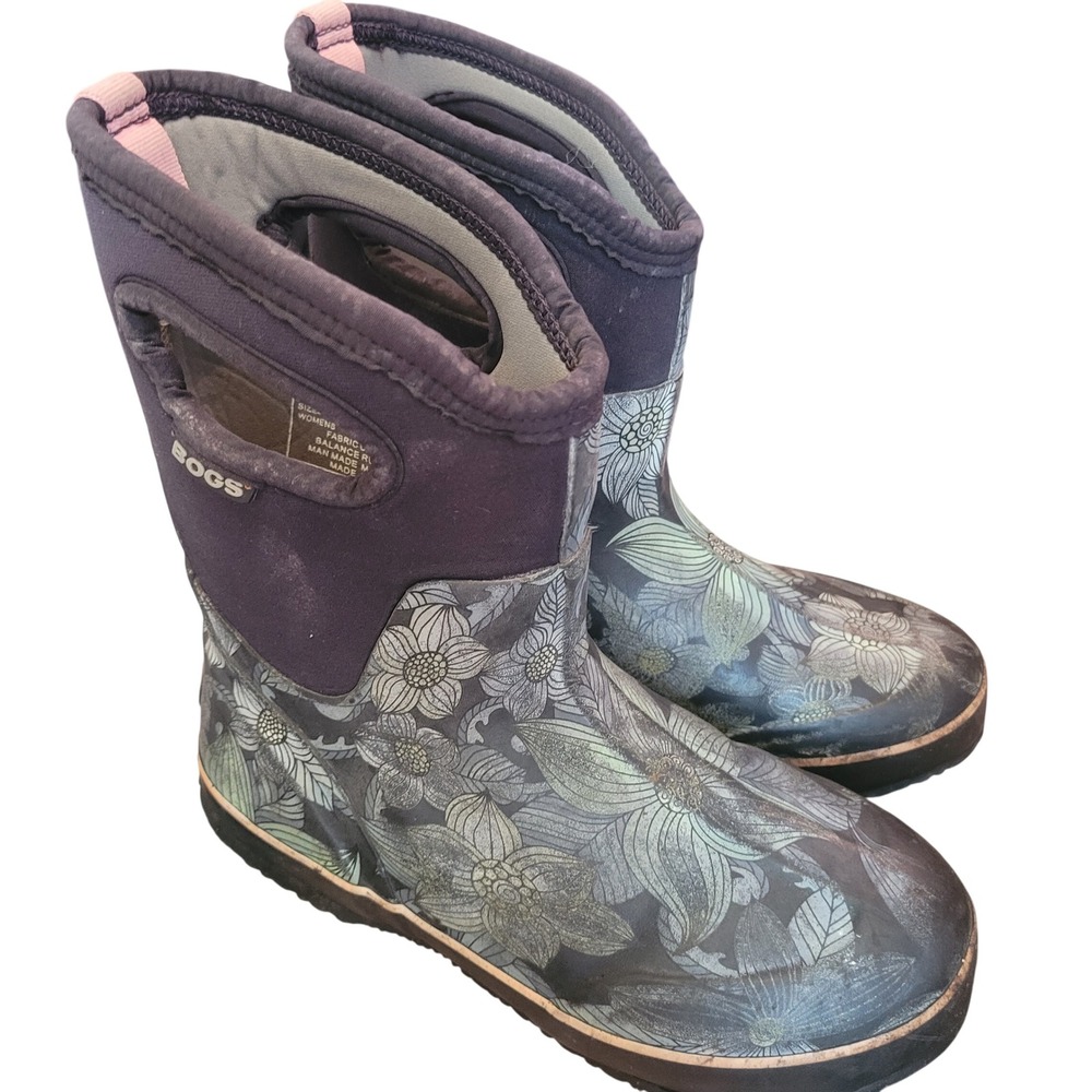 Bogs Classic Mid Stargazer Womens 7 Black Floral Waterproof Rain Boots Pull On